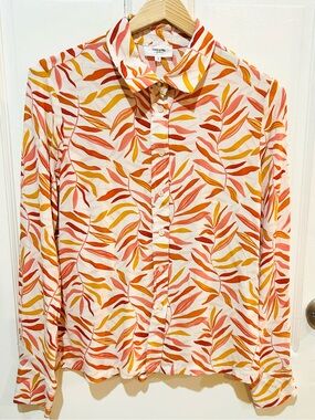 Grace & Mila Orange Leaf Print Long Sleeve Button Down Top Casual Office Size S